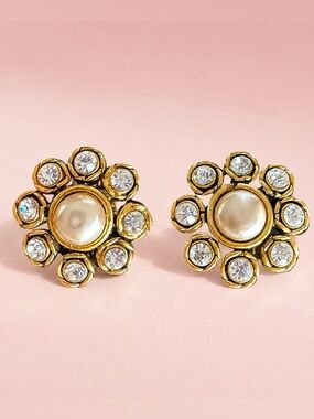 CHANEL 2003 Vintage Pearl Crystal Flower Clip Earrings Gold Made France